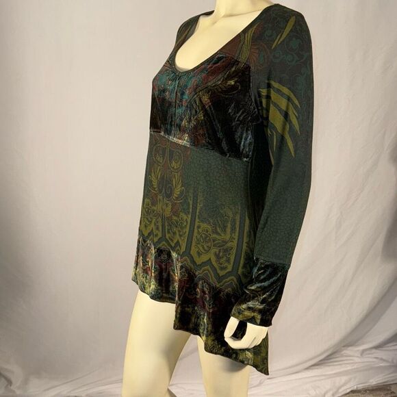 Vintage Y2K Whimsigoth Green Long Sleeve Tunic Top Stretch Burn Out Velvet Size - Picture 9 of 14